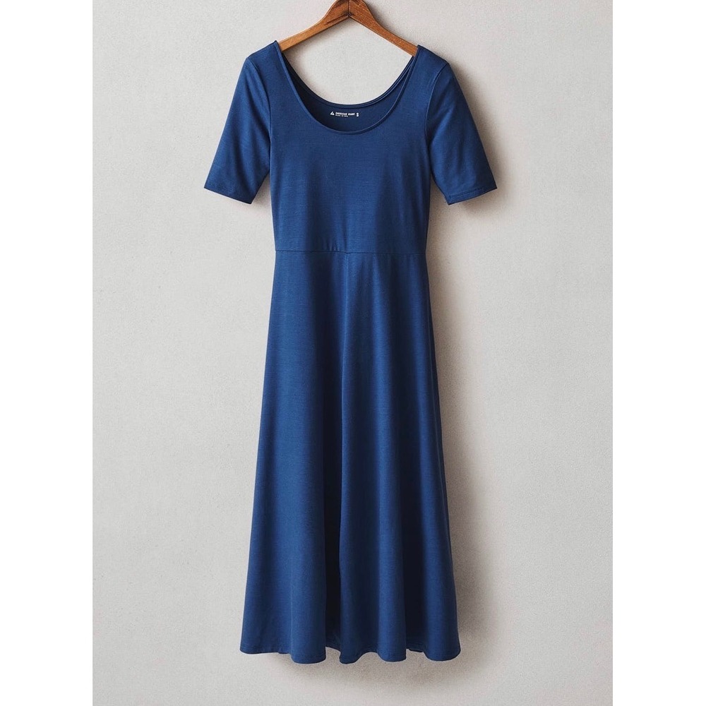 American Giant Womens S Navy Blue Short Sleeve Flex Fit Flare Midi Dress Pockets